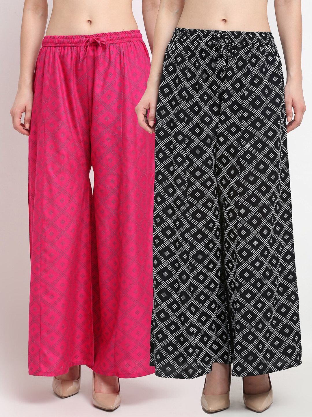 

GRACIT Women Black & Pink Block Printed Flared Palazzos Set Of 2