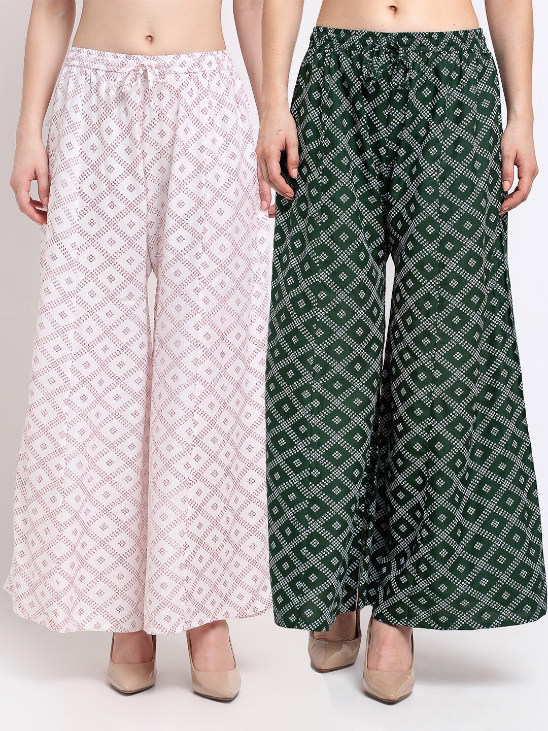 

GRACIT Women White & Green Set Of 2 Printed Flared Knitted Ethnic Palazzos