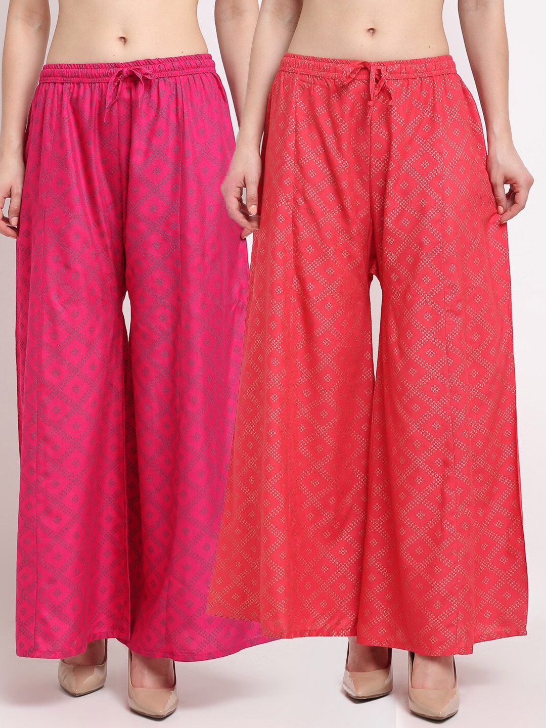 

GRACIT Women Pink & Red Pack of 2 Printed Flared Knitted Palazzos