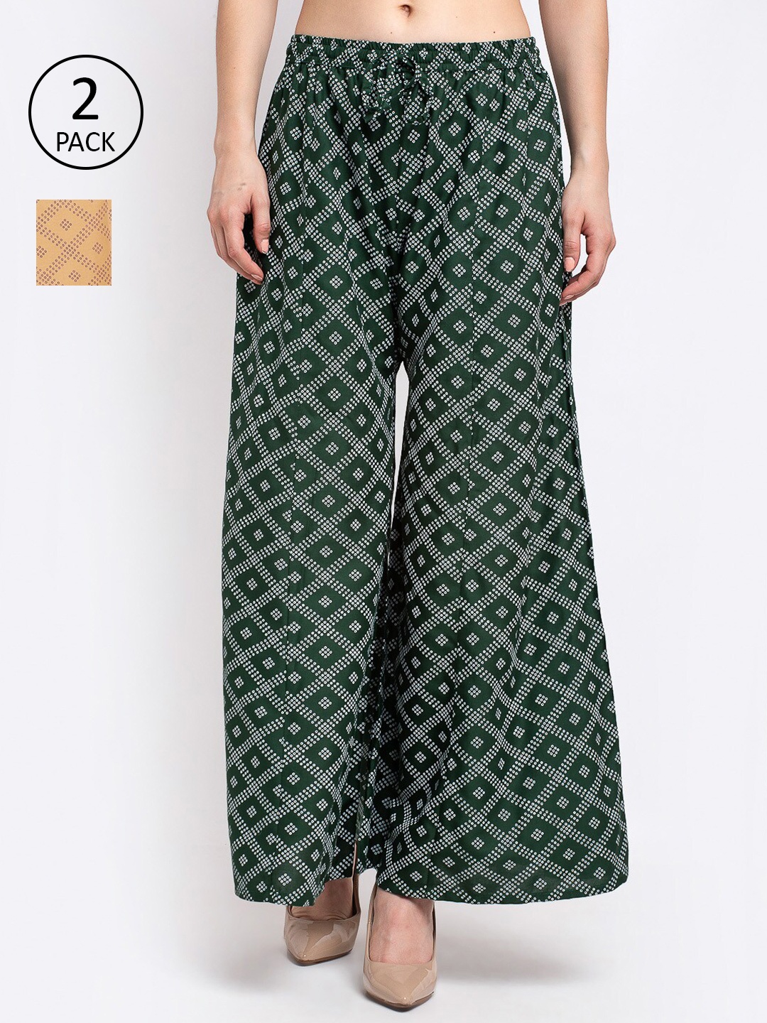 

GRACIT Women Beige & Green Set of 2 Printed Flared Knitted Ethnic Palazzos