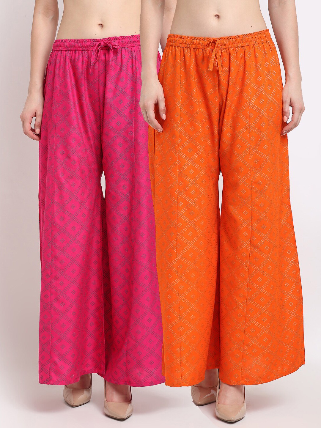 

GRACIT Women Pink & Orange Block Printed Flared Palazzos Set Of 2