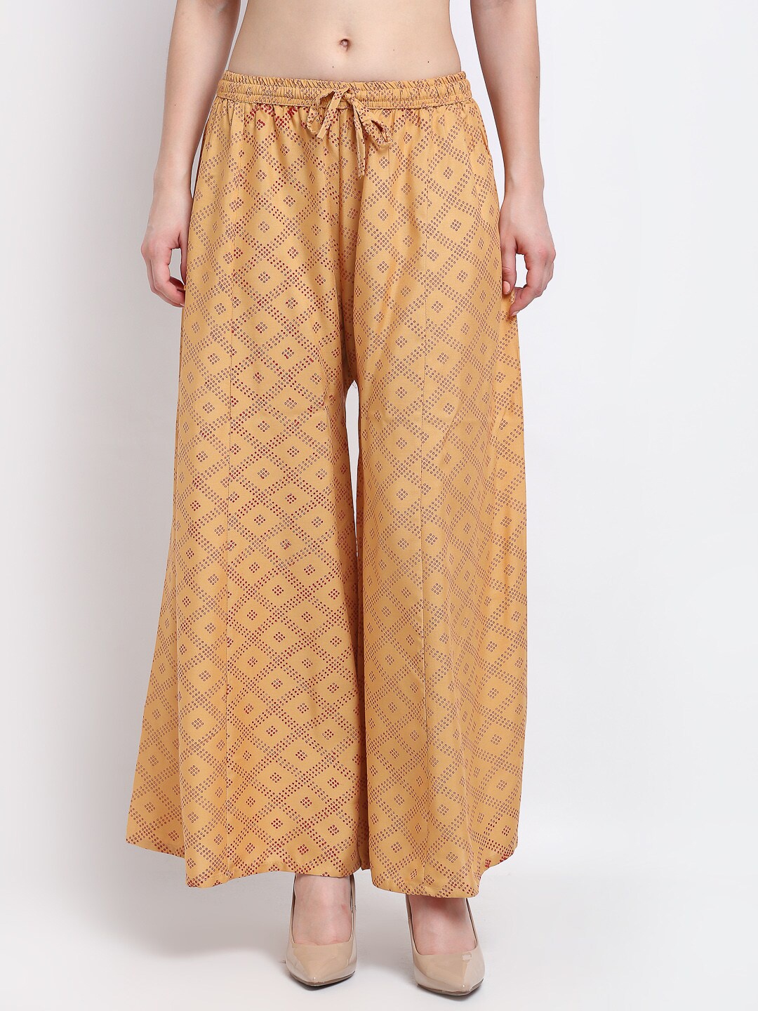 

GRACIT Women Beige & Gold-Toned Printed Flared Palazzos