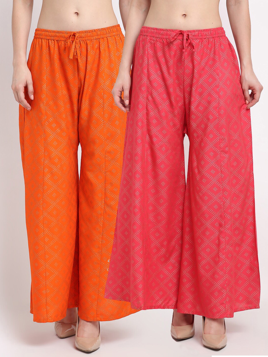 

GRACIT Women Orange & Pink Set Of 2 Embellished Flared Knitted Palazzos