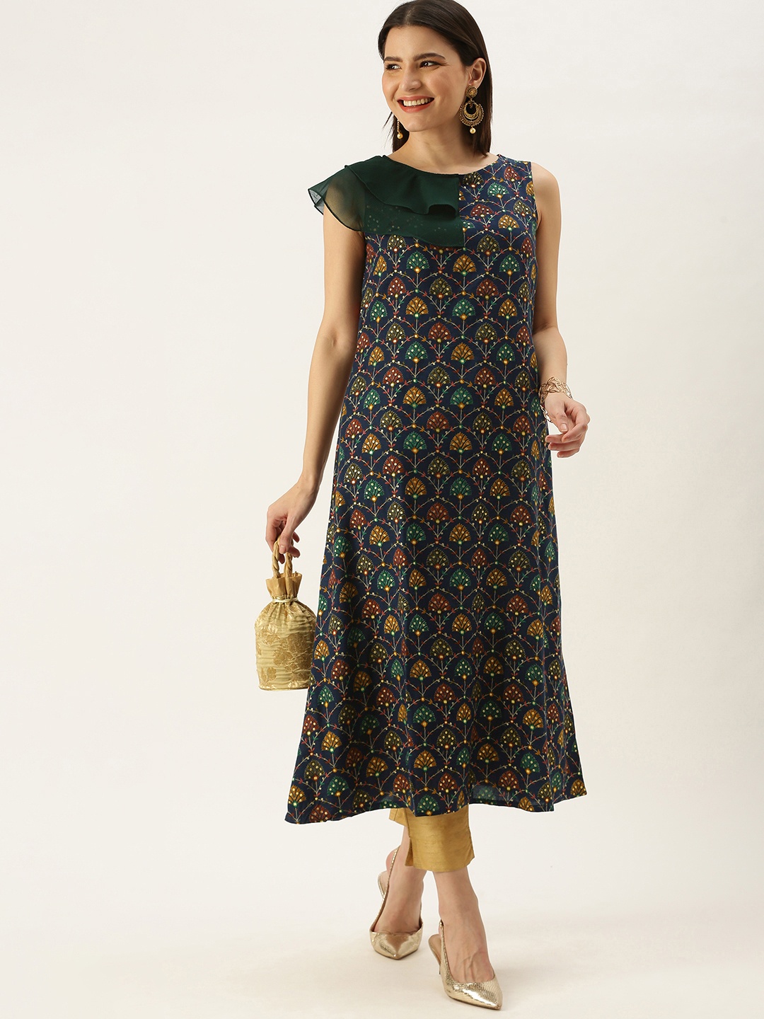 

Ethnovog Made To Measure Women Navy Blue Ethnic Motifs Embroidered Thread Work Kurta
