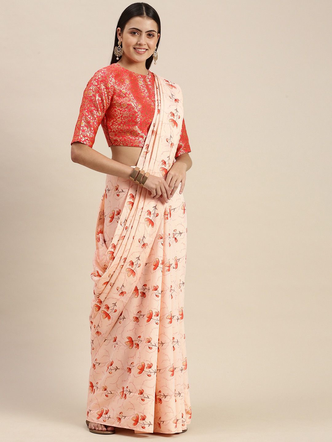 

Ethnovog Pink Off White Made to Measure Floral Embroidered Satin Saree