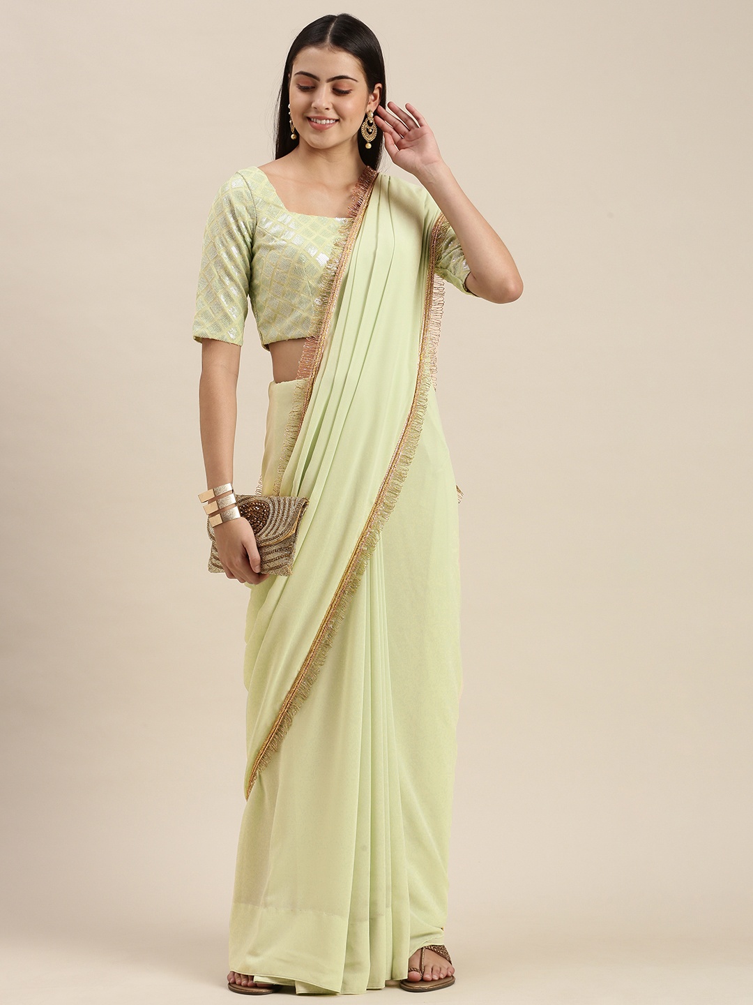 

Ethnovog Sequined Embroidered Saree With Stitched Blouse, Green