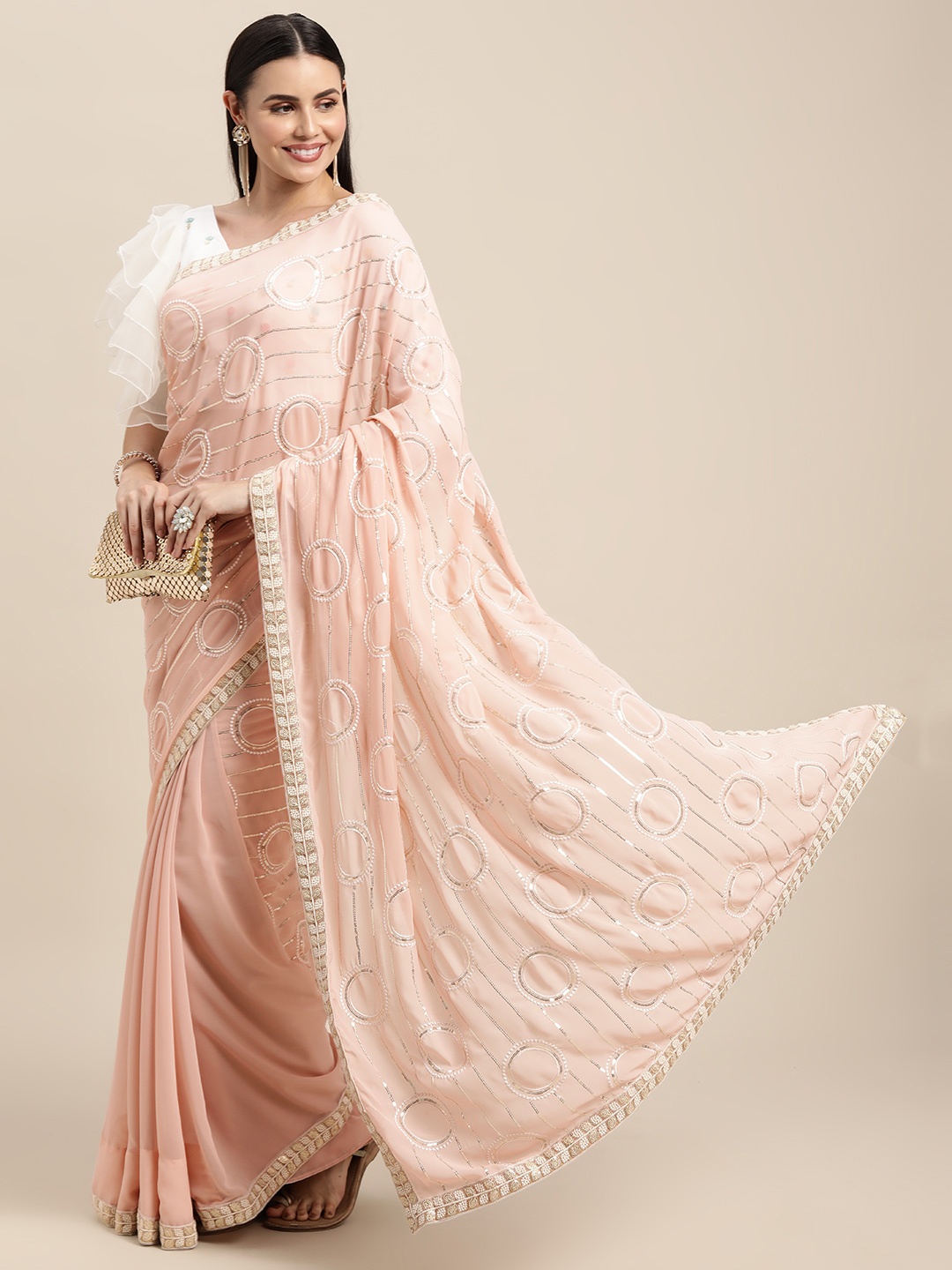 

Ethnovog White Pink Embroidered Sequinned Saree With Stitched Ruffled Blouse