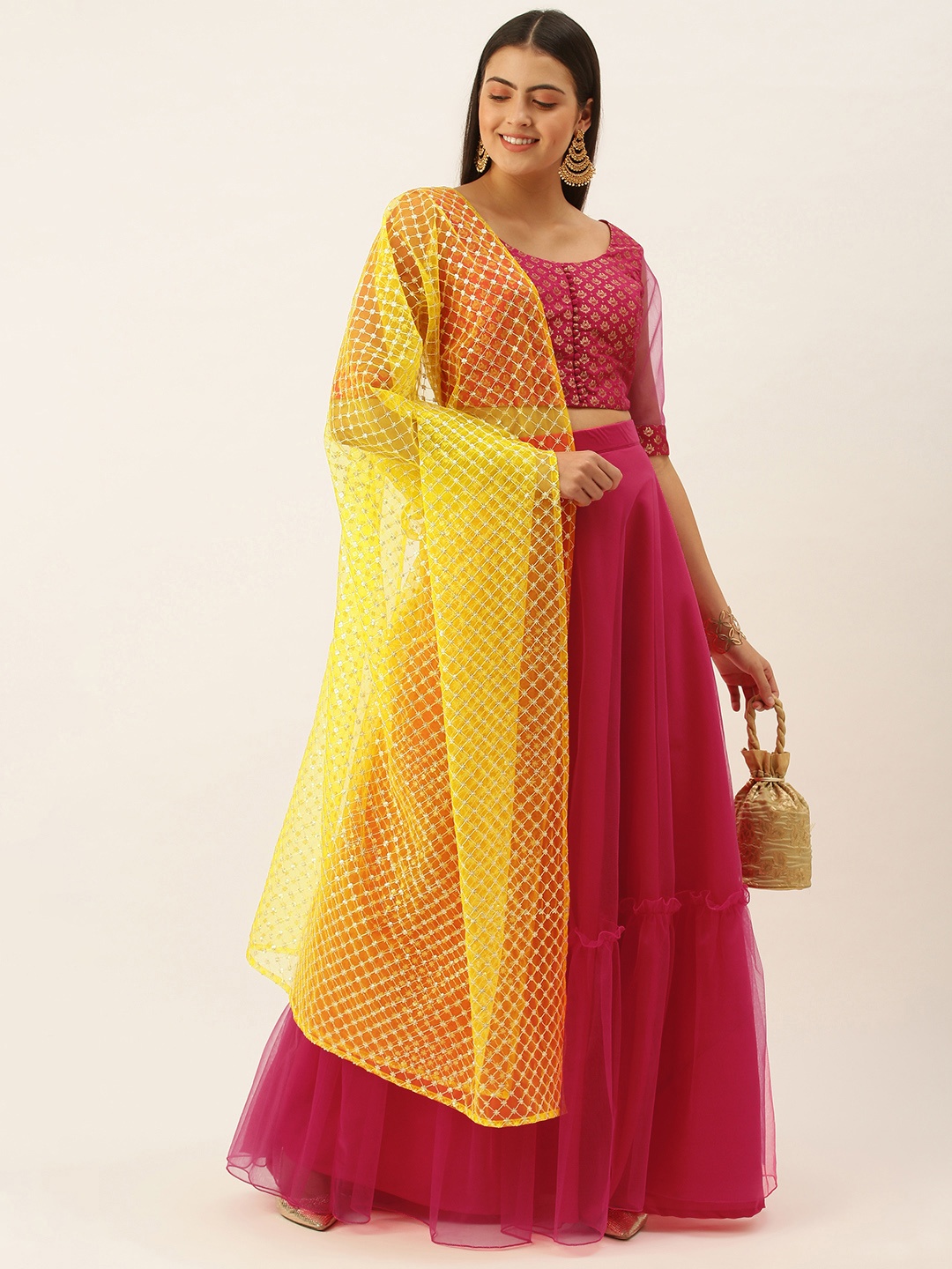 

Ethnovog Pink Yellow Made to Measure Lehenga Blouse With Dupatta