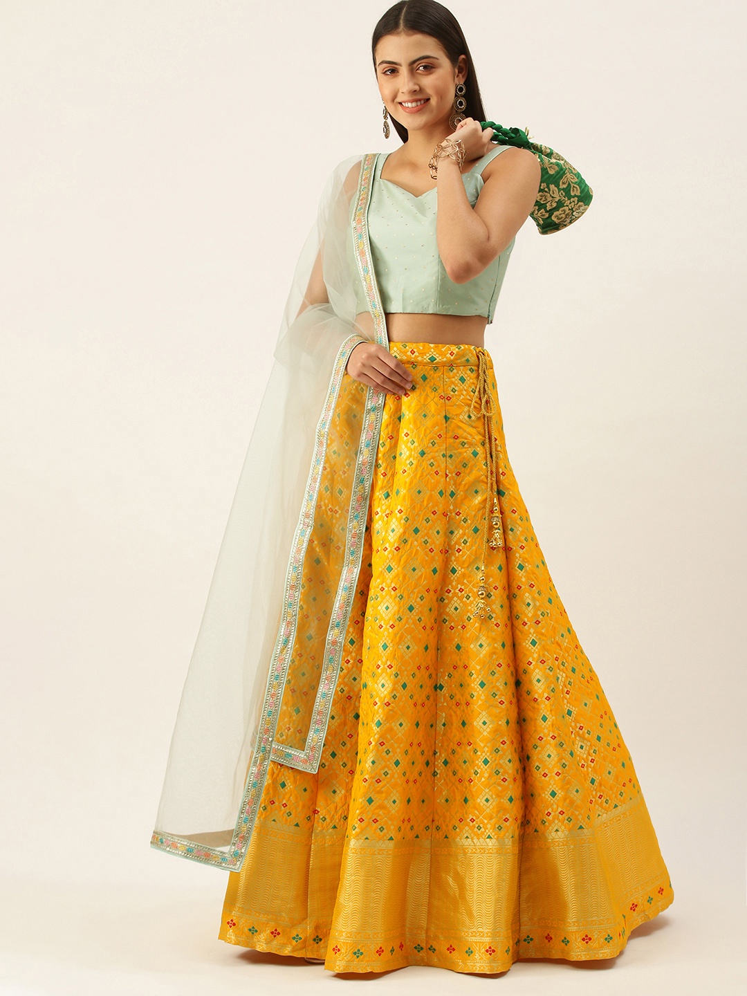 

Ethnovog Sea Green Yellow Made to Measure Lehenga Blouse With Dupatta