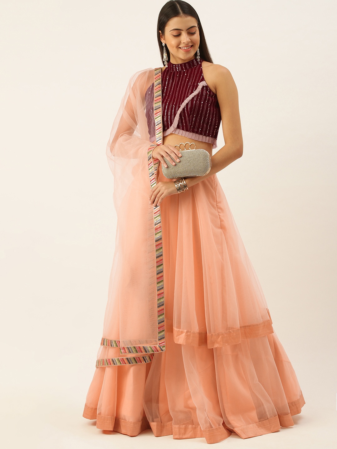 

Ethnovog Maroon Peach-Coloured Embellished Sequinned Made to Measure Lehenga Blouse With Dupatta