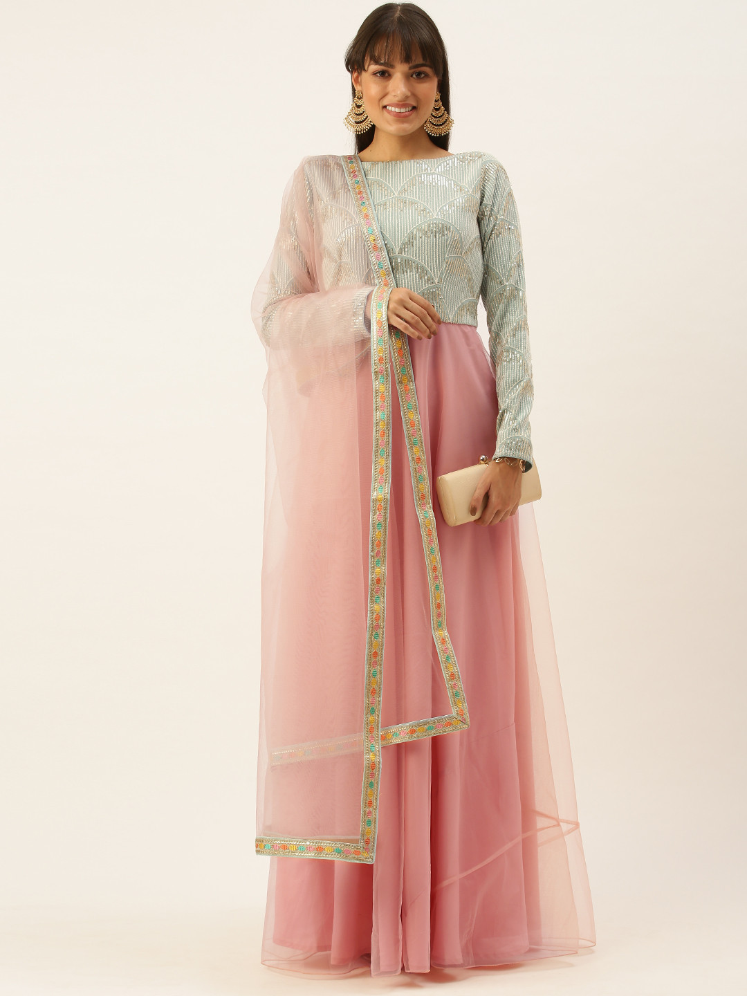 

Ethnovog Women Blue Pink Sequined Made To Measure Kurti with Trousers With Dupatta