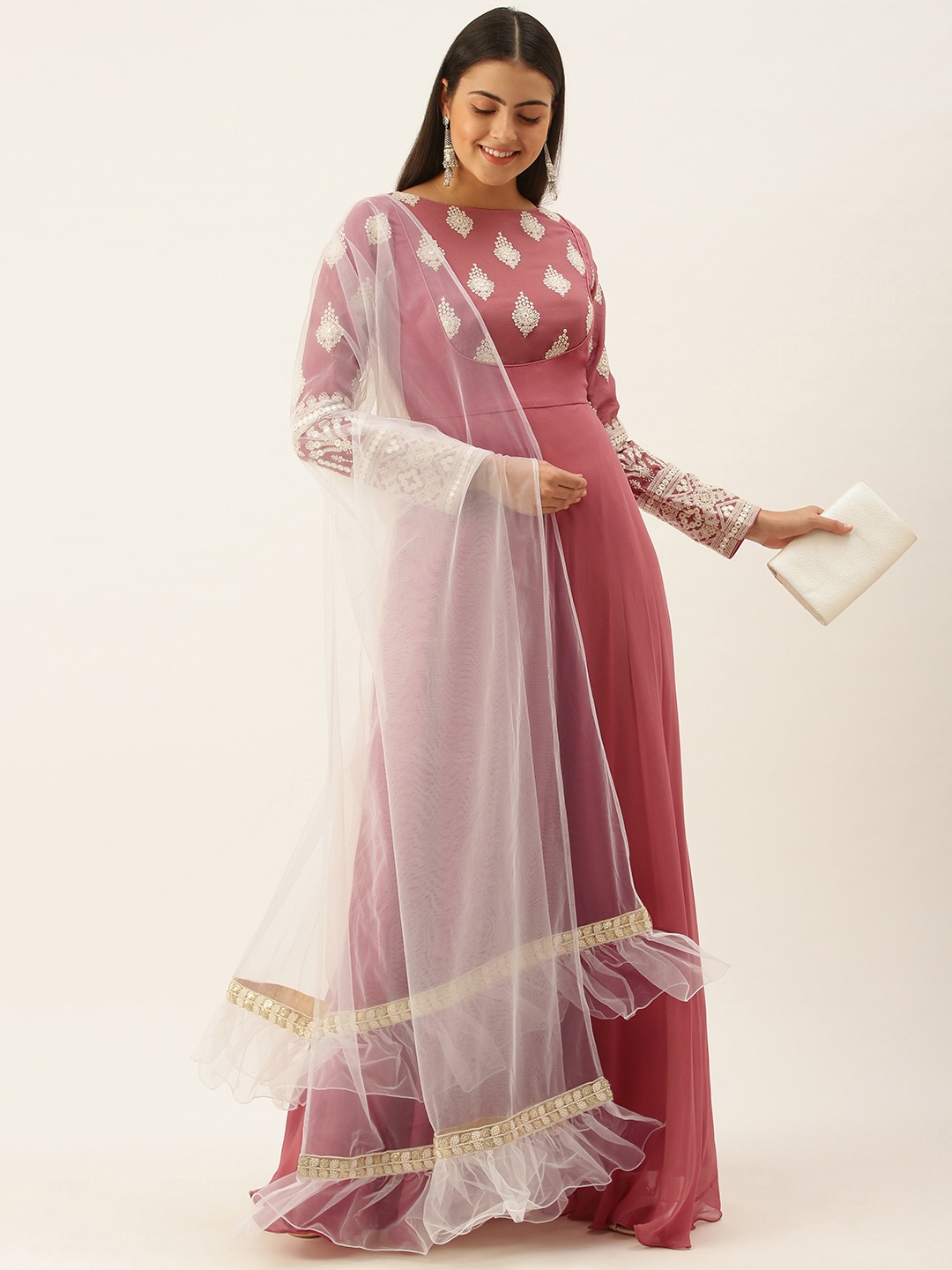 

Ethnovog Women Pink White Made To Measure Ethnic Kurti with Palazzo With Dupatta