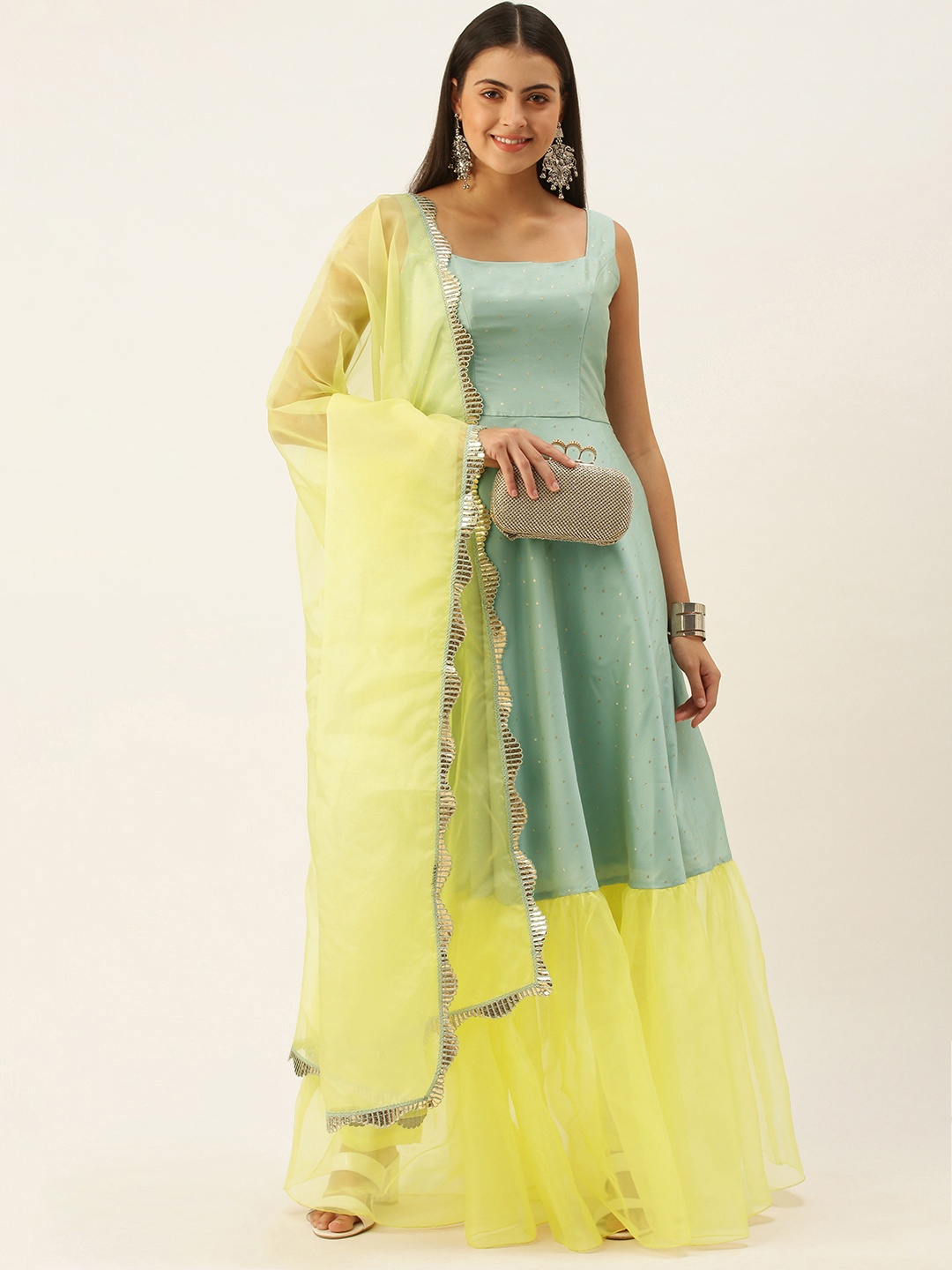 

Ethnovog Women Sea Green Yellow Made To Measure Kurti with Trousers With Dupatta