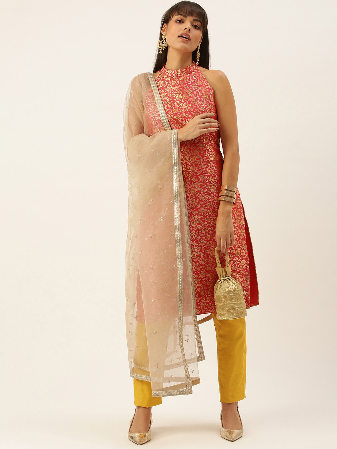 

Ethnovog Women Pink Mustrad Yellow Made To Measure Kurta with Trousers With Dupatta