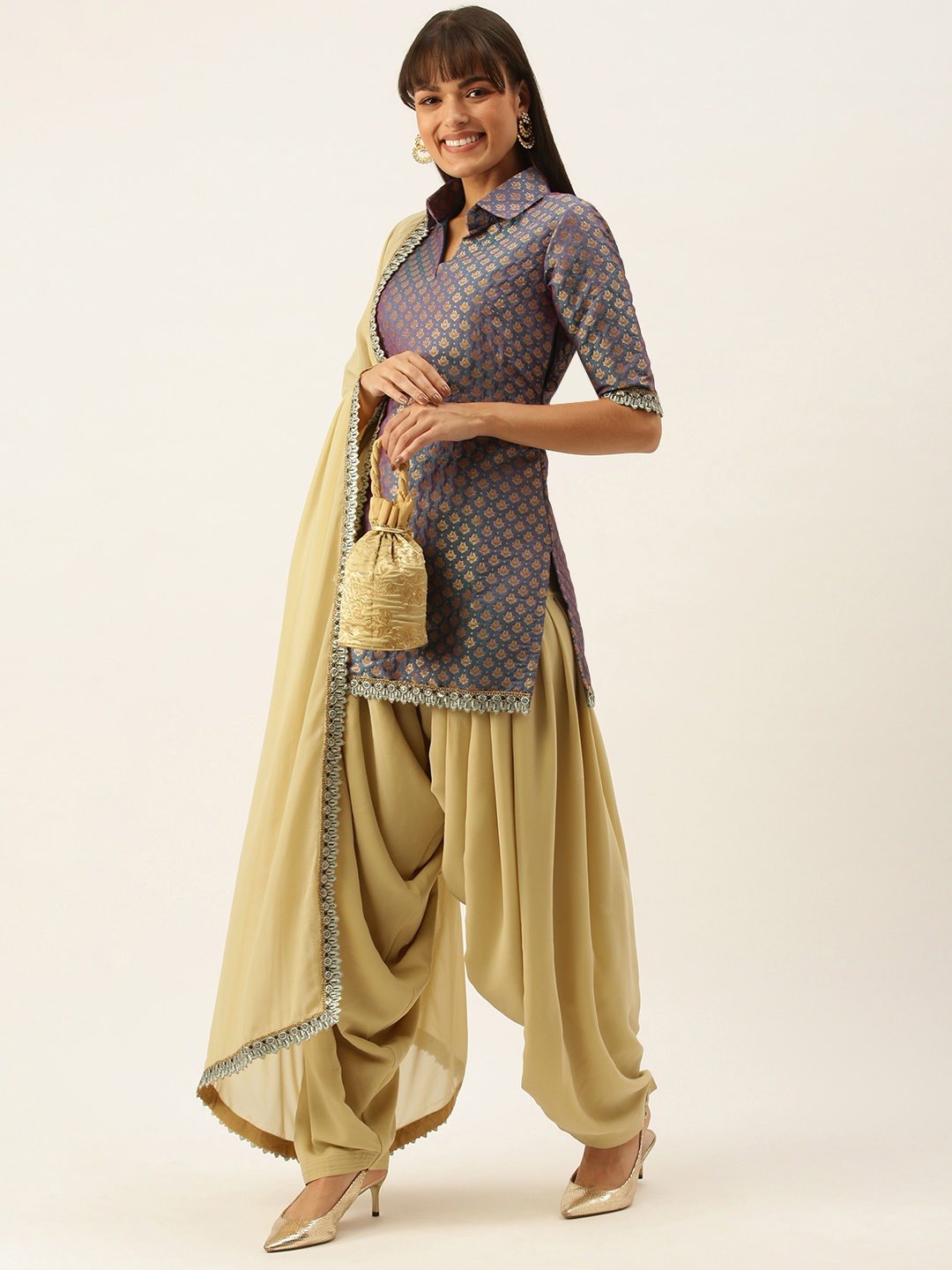

Ethnovog Women Blue Beige Made To Measure Ethnic Kurta with Patiala With Dupatta