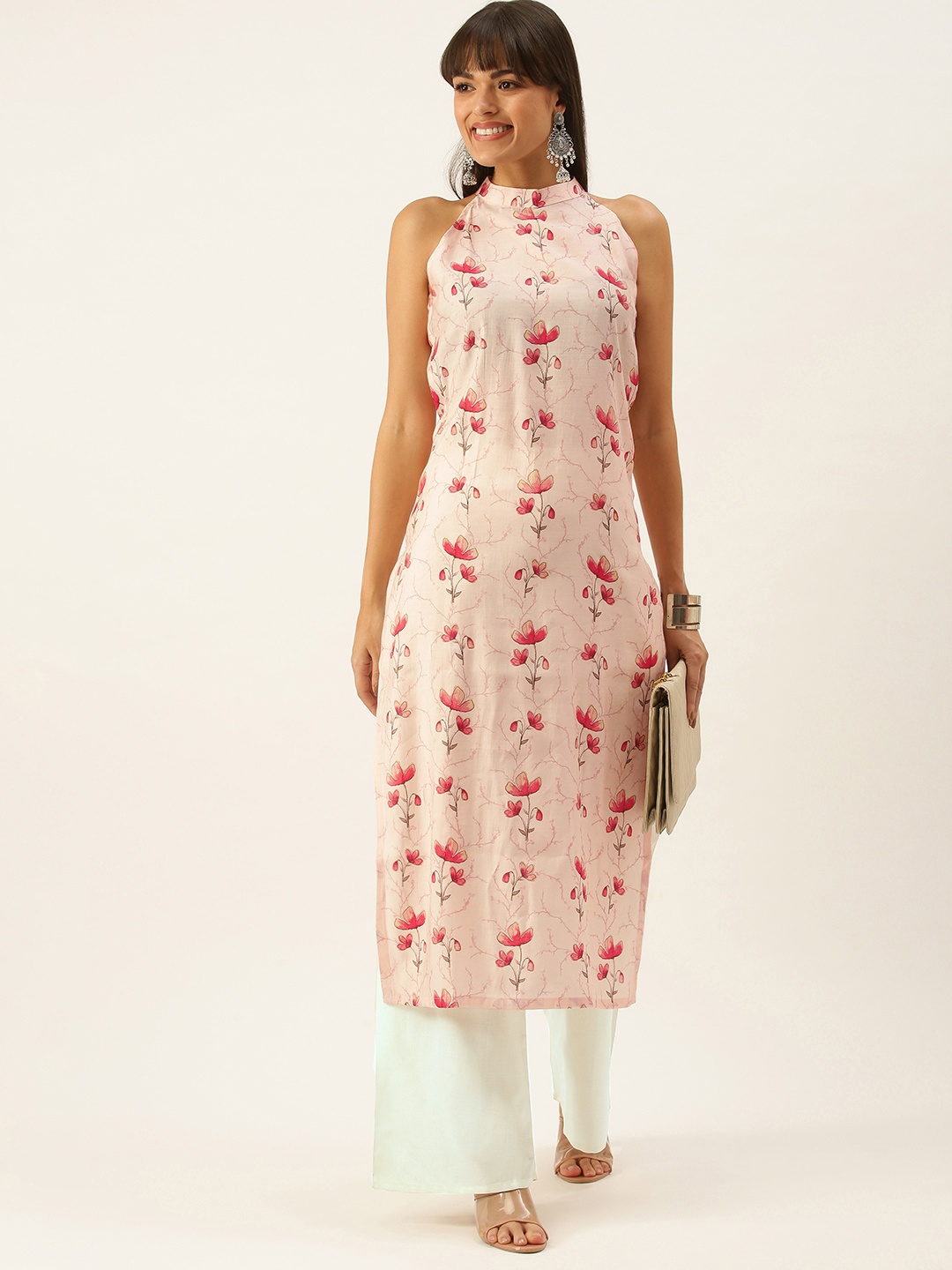 

Ethnovog Women Off White Cream Coloured Made To Measure Printed Kurti with Trousers