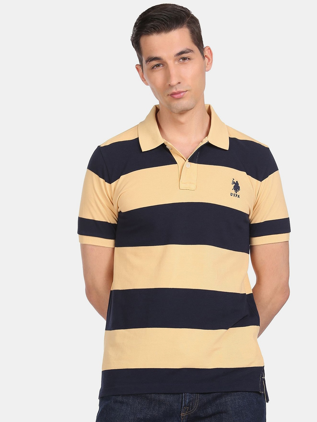 

U S Polo Assn Men Pink Striped Polo Collar Pockets T-shirt