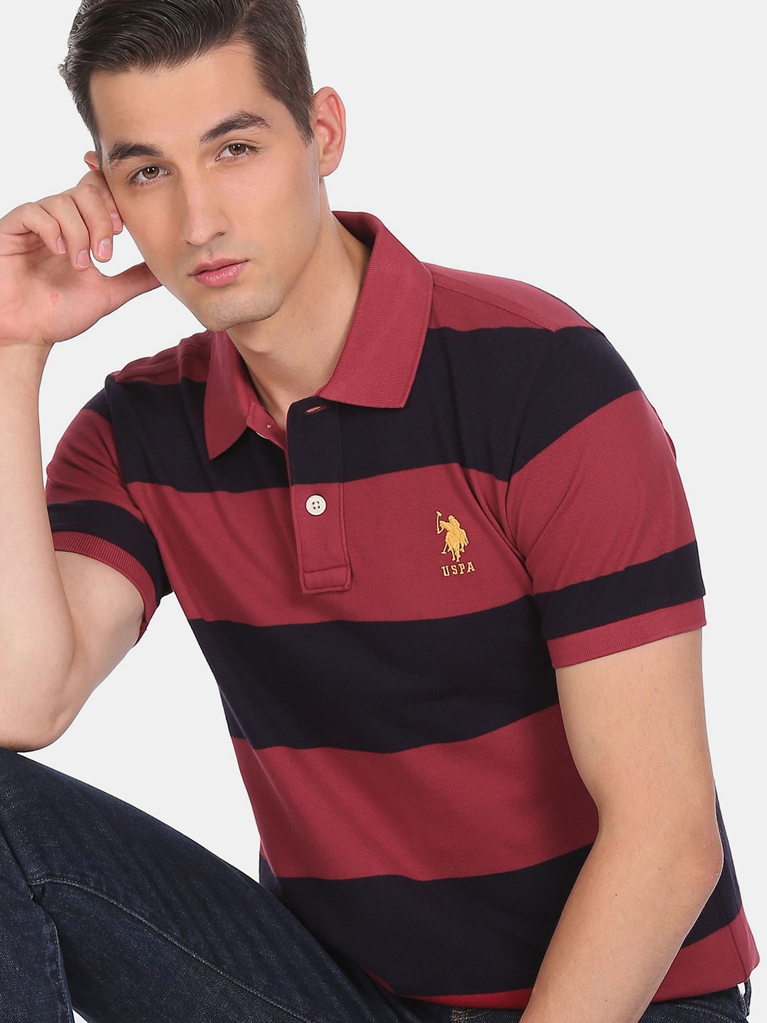 

U S Polo Assn Men Red & Black Striped Polo Collar T-shirt