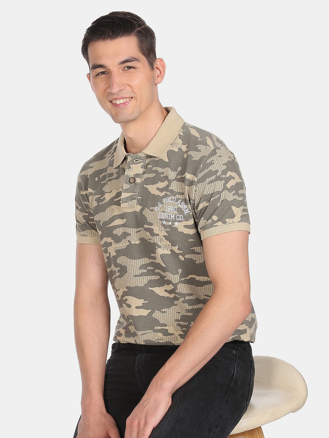 

U.S. Polo Assn. Denim Co. Men Beige Camouflage Polo Collar Pockets T-shirt