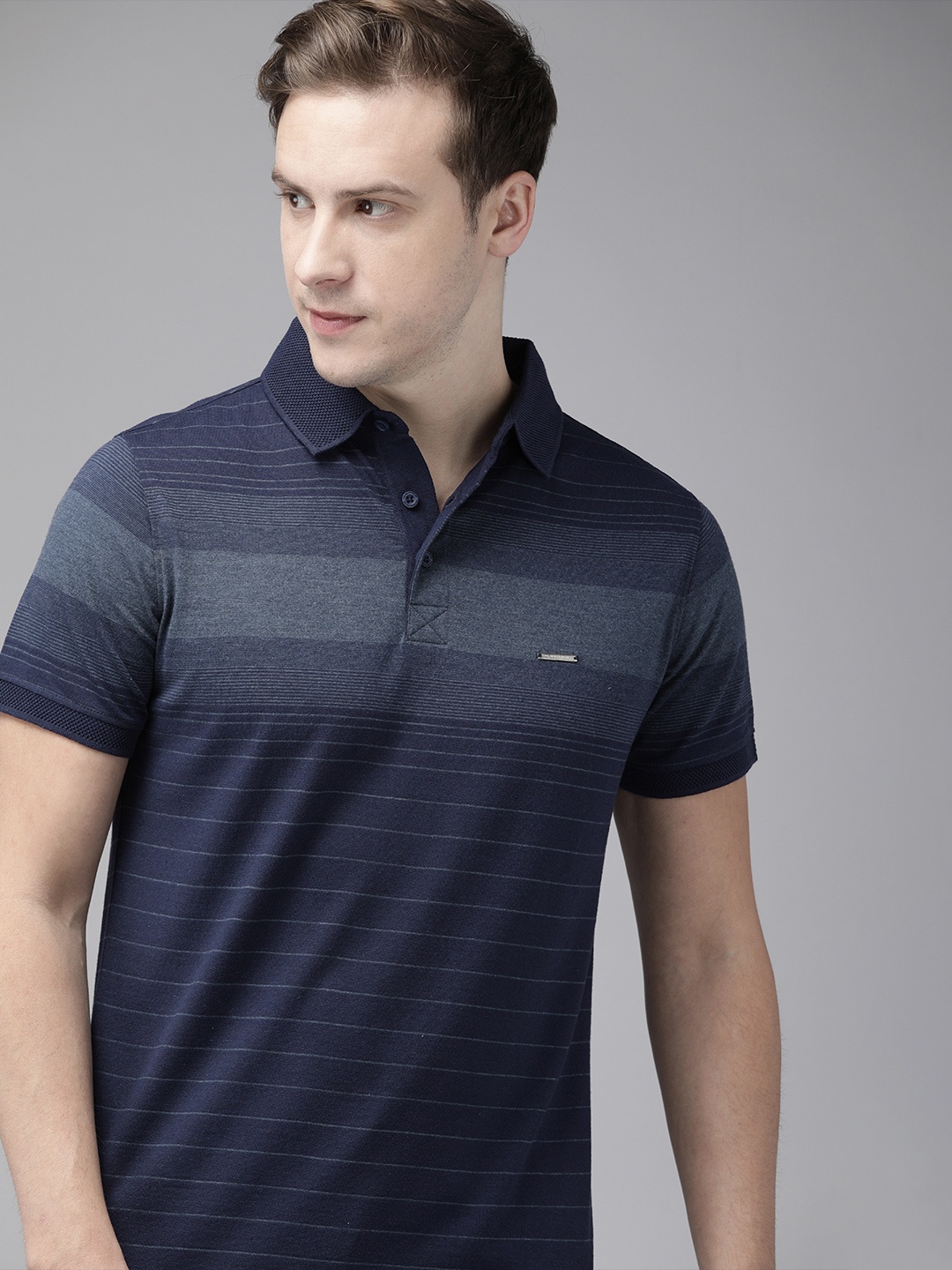 

THE BEAR HOUSE Men Navy Blue & White Striped Polo Collar Slim Fit T-shirt