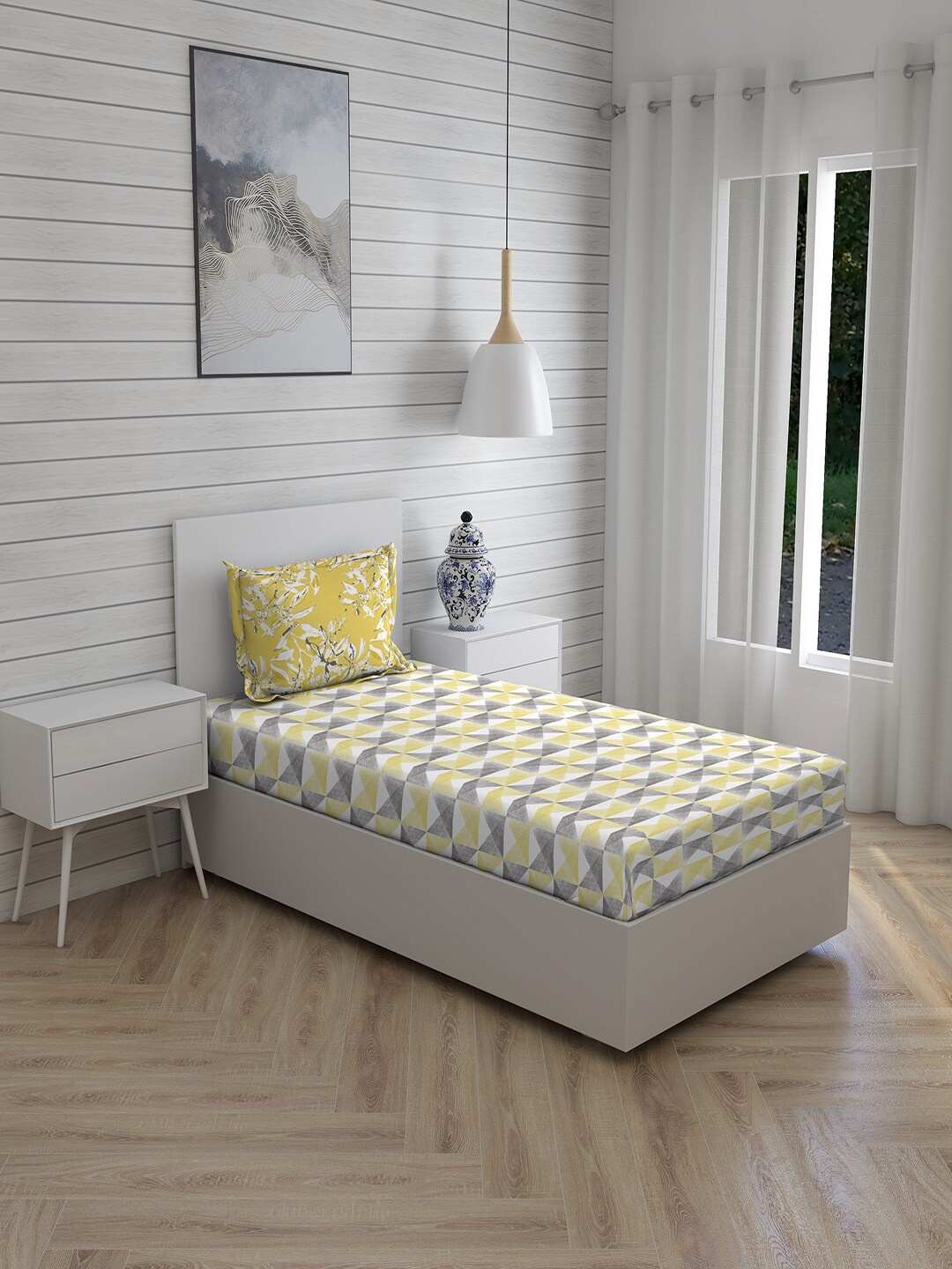 

Layers Yellow & Grey 144 TC Single Geometric Bed Sheet with 1 Pillow Covers