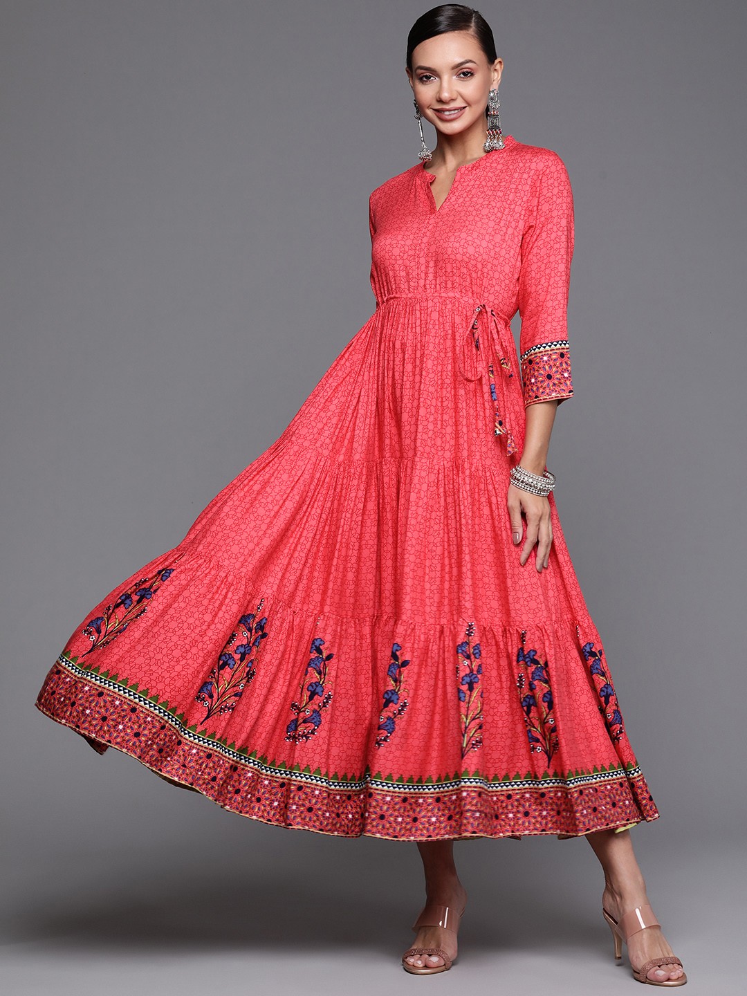 

PINKSKY Coral Pink Printed Tiered Maxi Dress