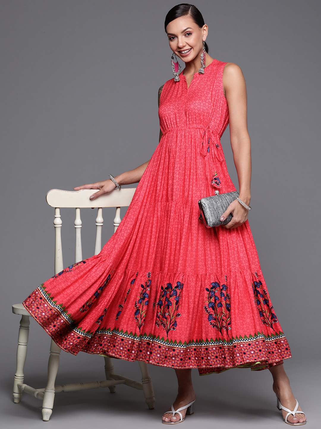 

PINKSKY Coral Pink Printed Tiered Maxi Dress