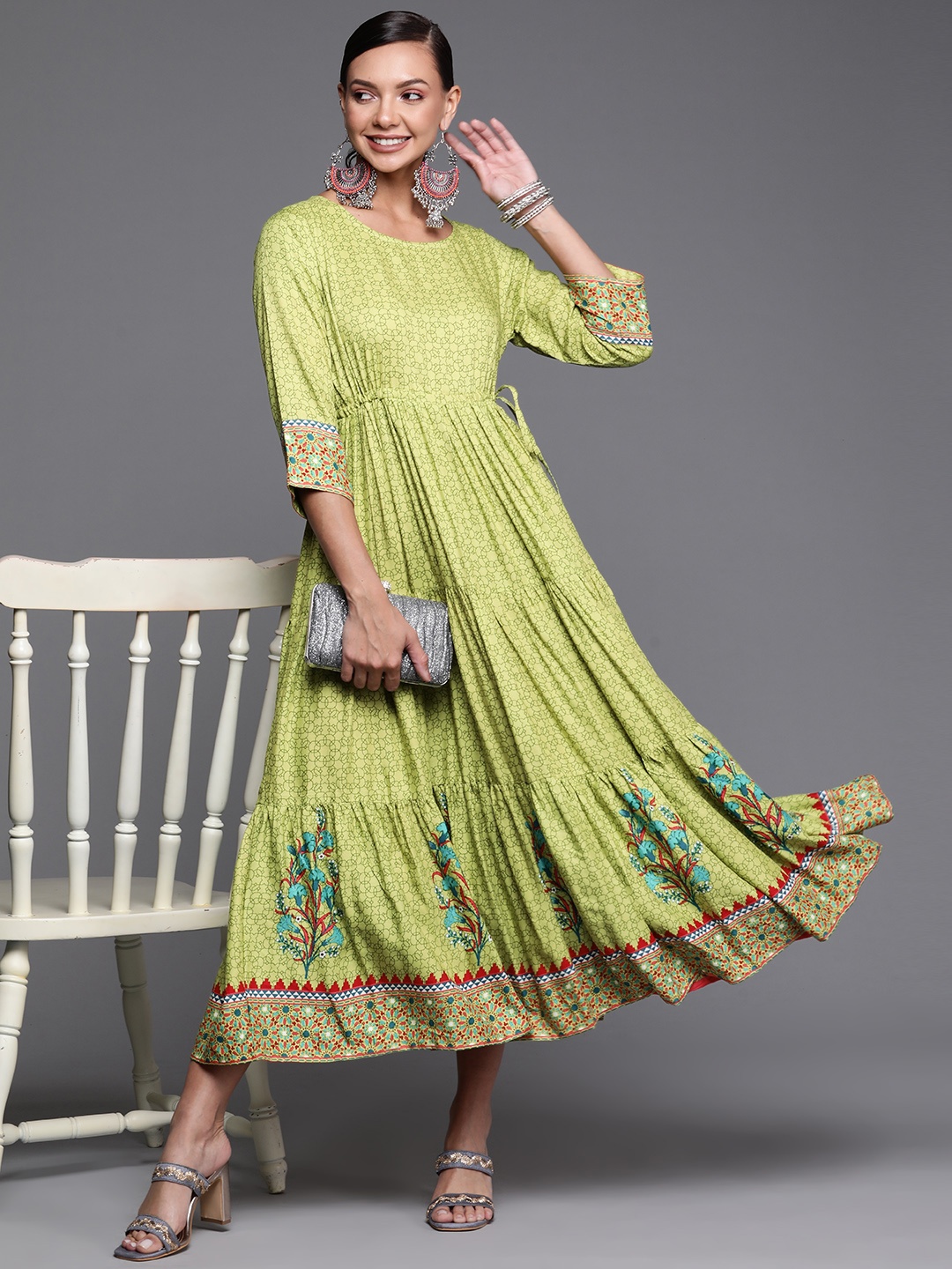 

PINKSKY Green & Blue Geometric & Floral Print Round Neck Pleated Tiered Fit & Flare Dress