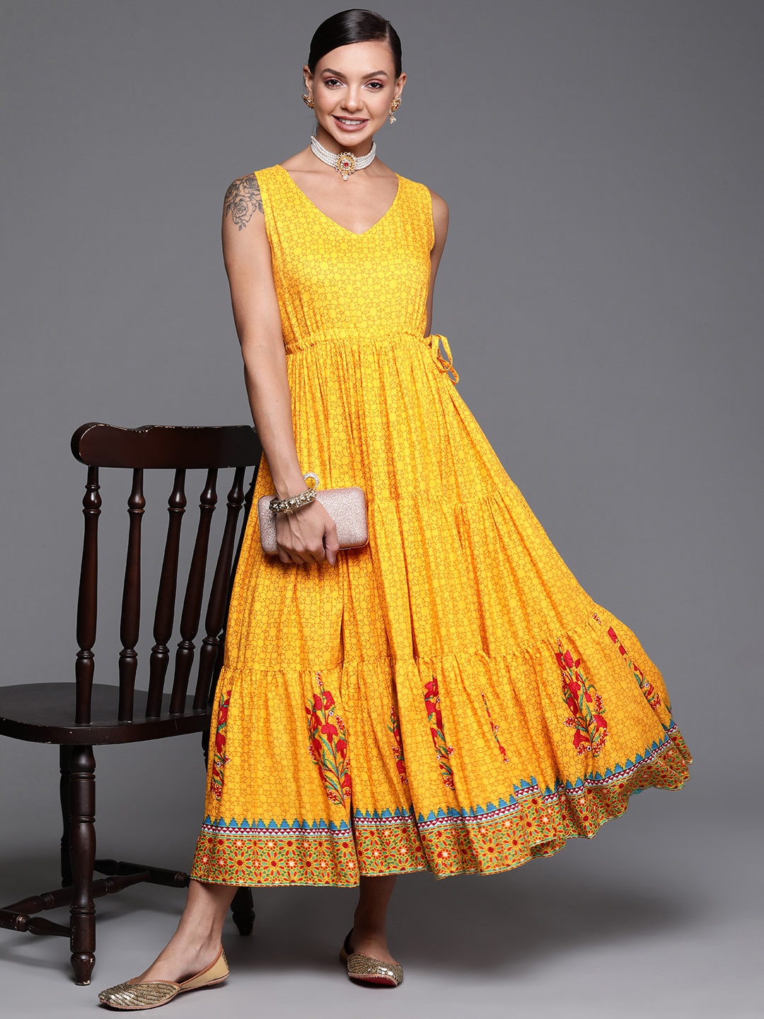 

PINKSKY Mustard Yellow Printed Tiered Maxi Dress