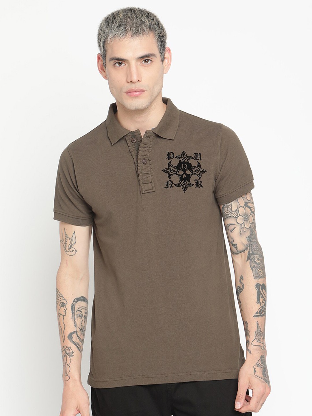 

PUNK Men Olive Green Printed Polo Collar T-shirt