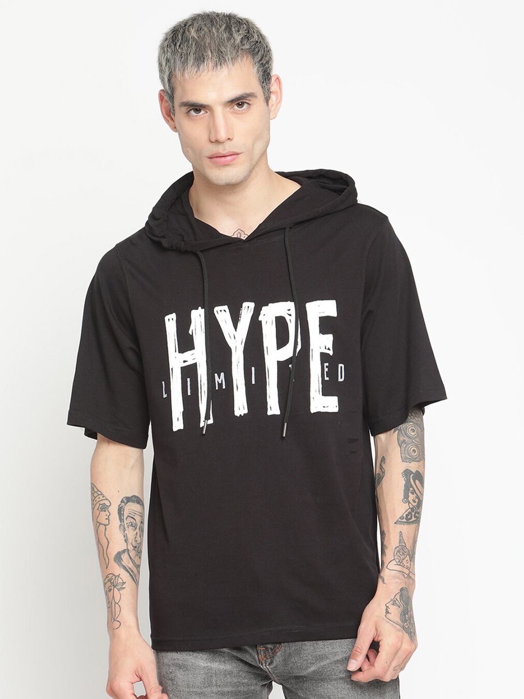 

PUNK Men Black Typography Printed Hooded T-shirt