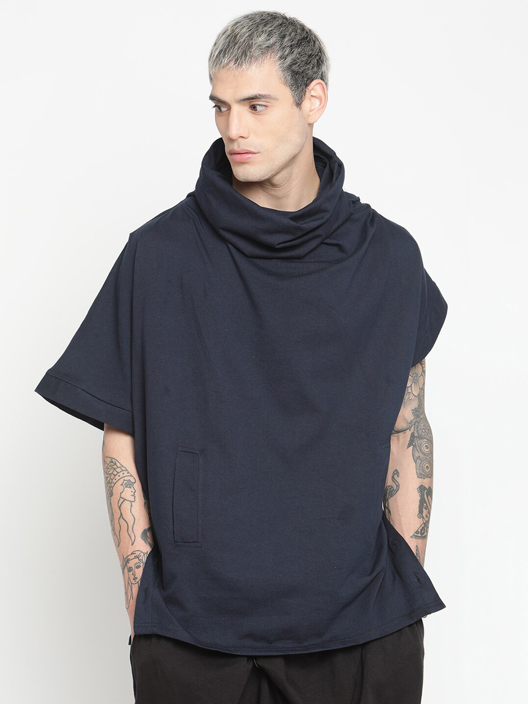 

PUNK Men Navy Blue Pockets Loose T-shirt