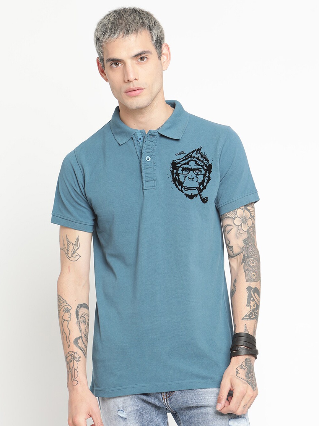 

PUNK Men Teal Printed Polo Collar T-shirt