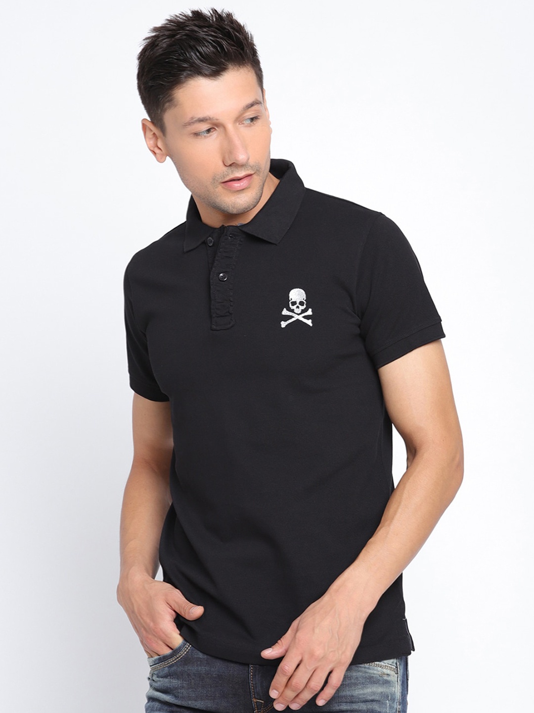 

PUNK Men Black Polo Collar Pockets T-shirt