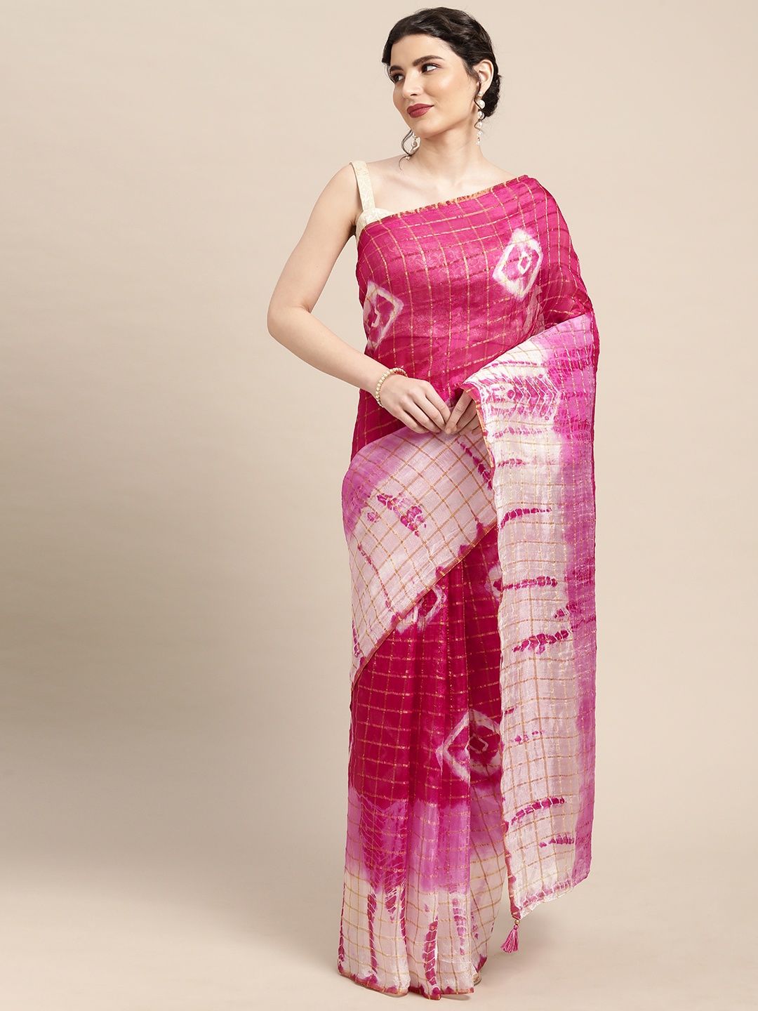 

Geroo Jaipur Pink & White Bandhani Art Silk Saree