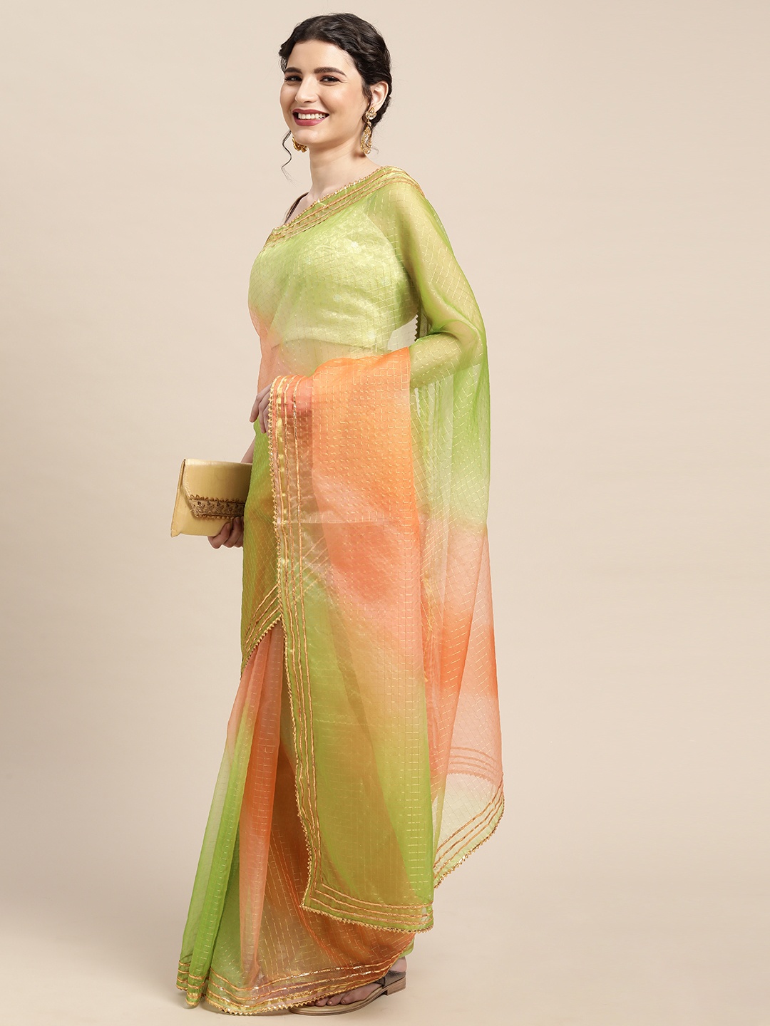 

Geroo Jaipur Green & Rust Orange Bandhani Organza Saree