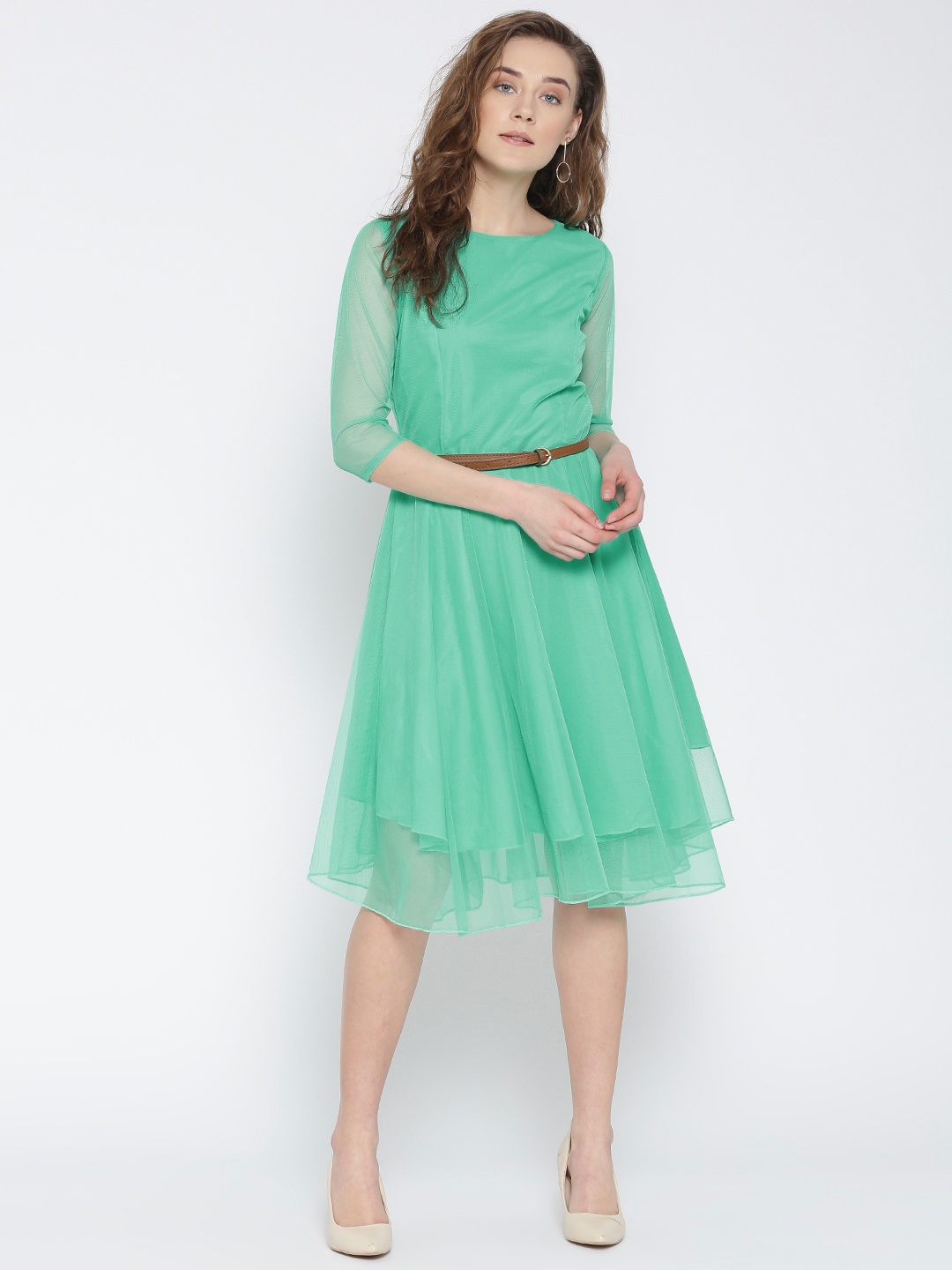 

U&F Women Sea Green Net Solid Fit & Flare Dress