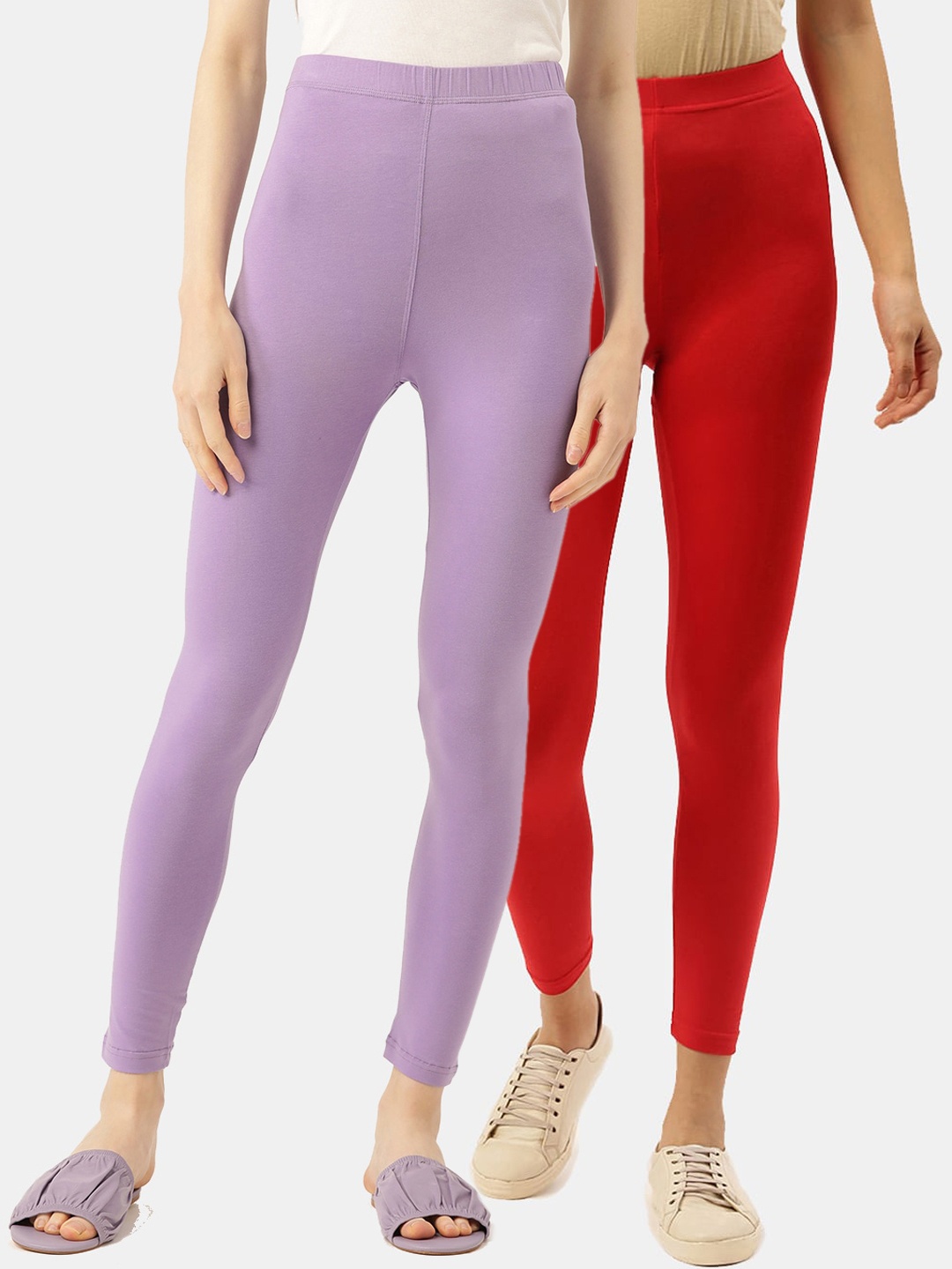 

Leading Lady Women Pack Of 2 Red & Lavender Solid Ankle-Length Leggings