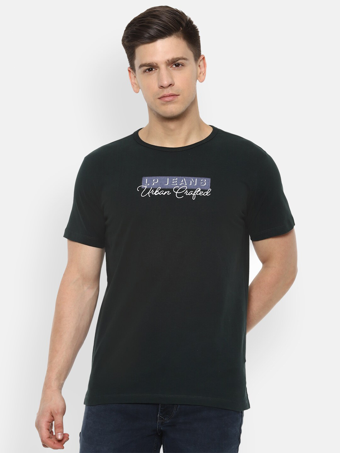 

Louis Philippe Jeans Men Green Typography Printed Slim Fit T-shirt