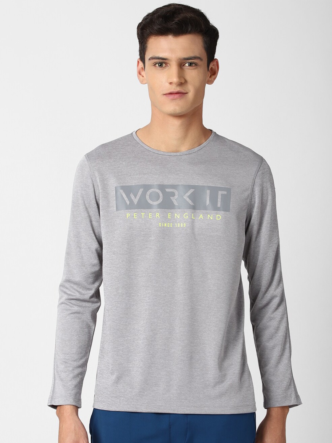 

Peter England Men Grey Melange Typography Printed T-shirt