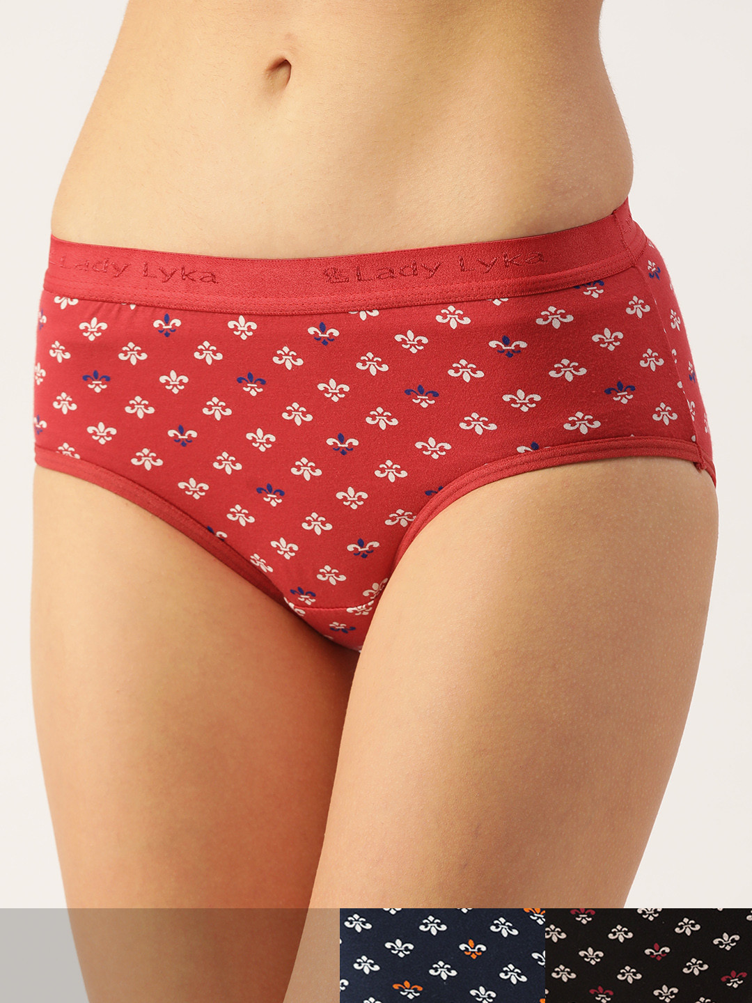 

Lady Lyka Women Pack of 3 Ethnic Motif Print Cotton Hipster Briefs, Navy blue