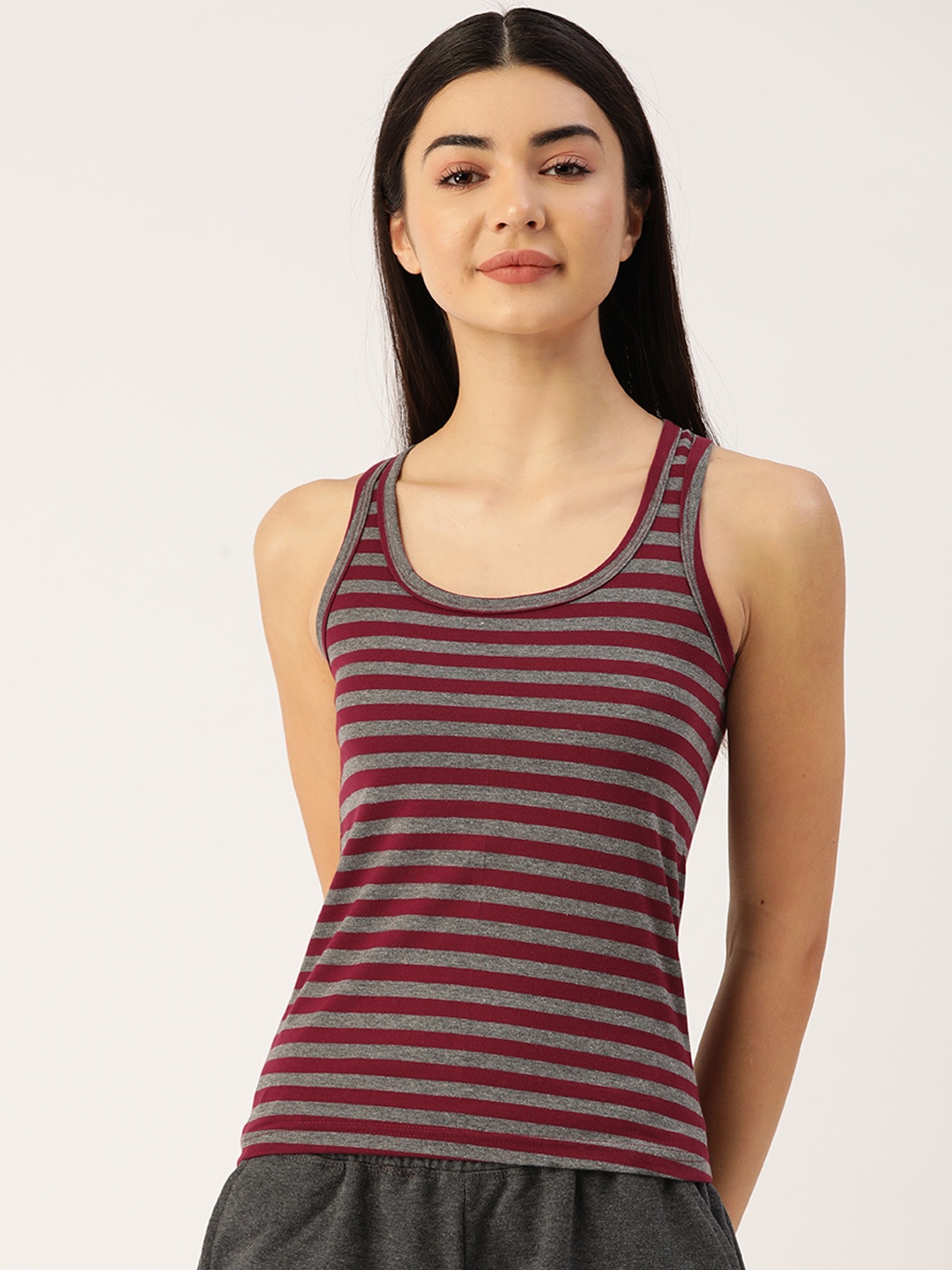 

Lady Lyka Women Maroon & Grey Melange Striped Racer Back Camisole