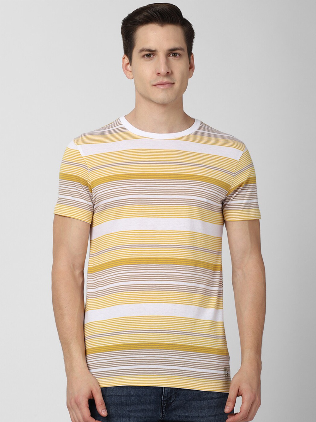 

Peter England Casuals Men Yellow & White Striped Slim Fit Pure Cotton T-shirt