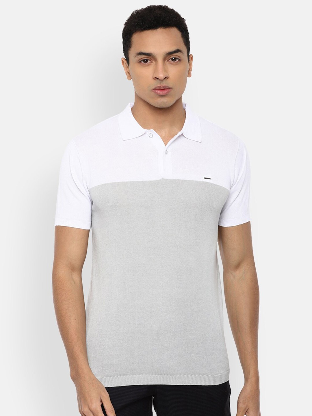 

Van Heusen Men Grey & White Colourblocked Polo Collar Pure Cotton T-shirt