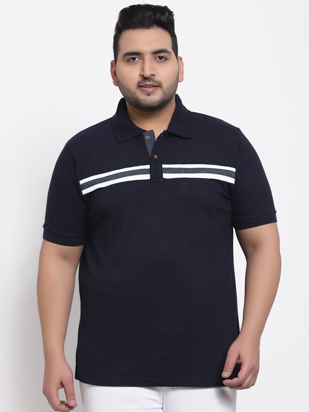 

Kalt Men Plus Size Navy Blue & White Striped Polo Collar T-shirt