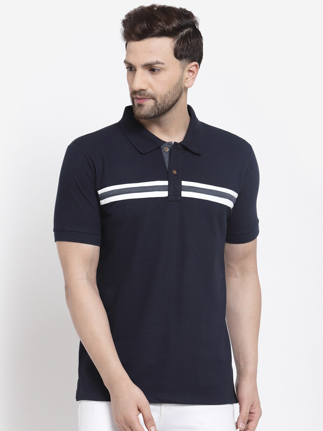 

Kalt Men Navy Blue & White Striped Polo Collar T-shirt