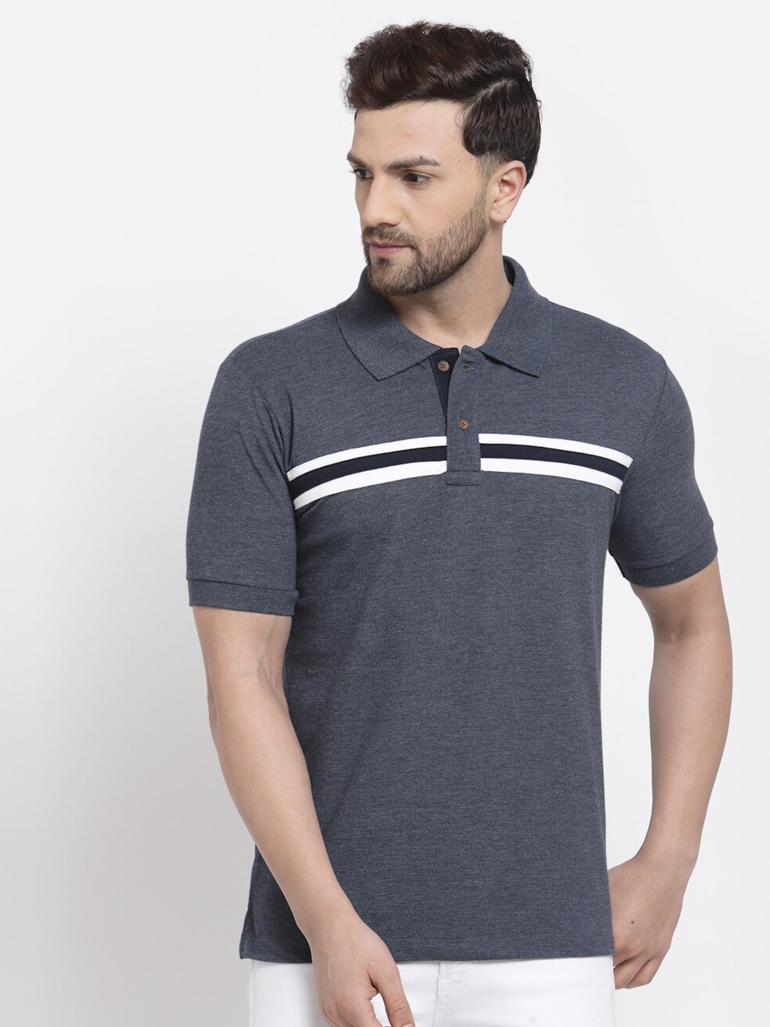 

Kalt Men Navy Blue & White Striped Polo Collar T-shirt