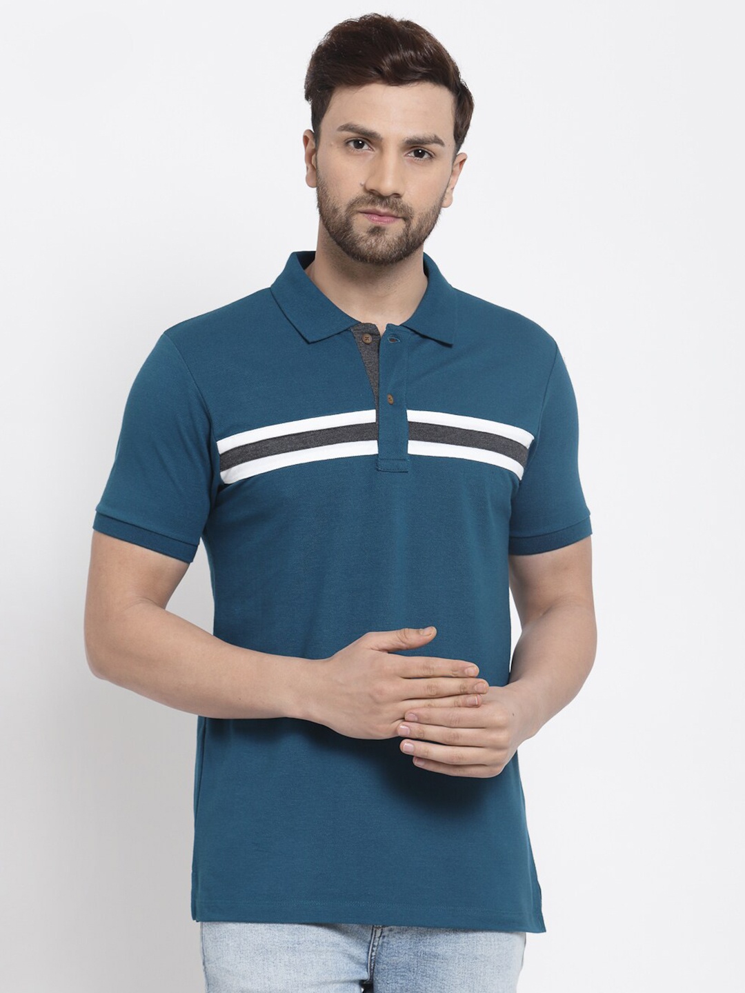 

Kalt Men Teal Blue & White Striped Polo Collar T-shirt