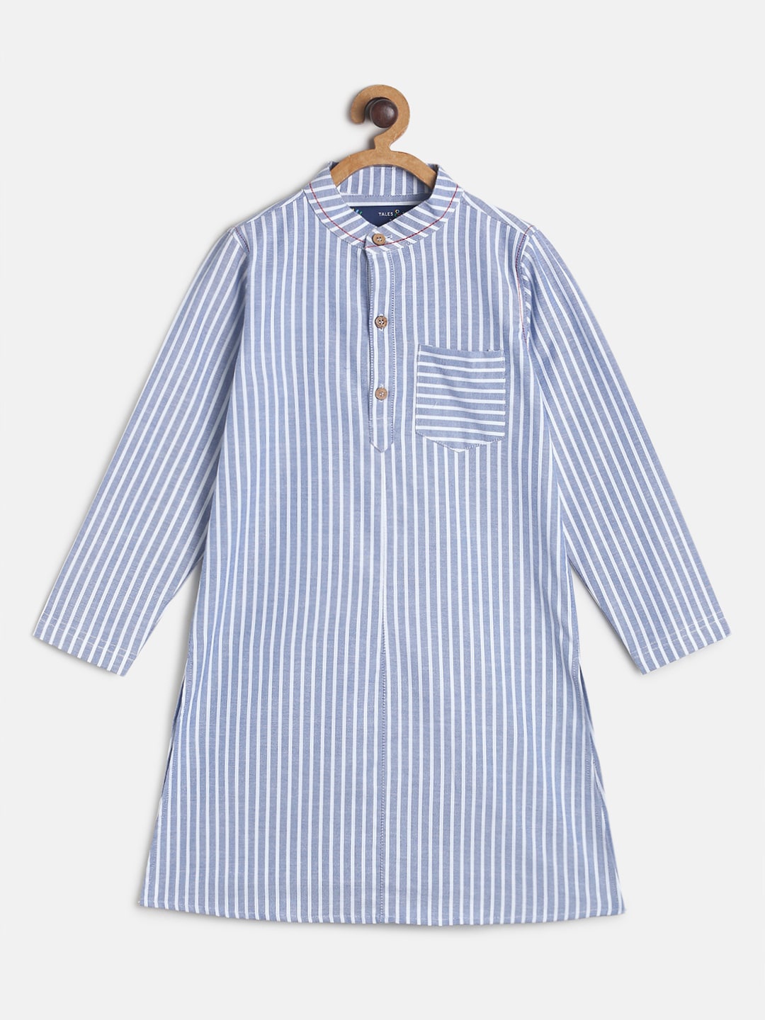 

TALES & STORIES Boys Blue & White Striped Thread Work Cotton Kurta