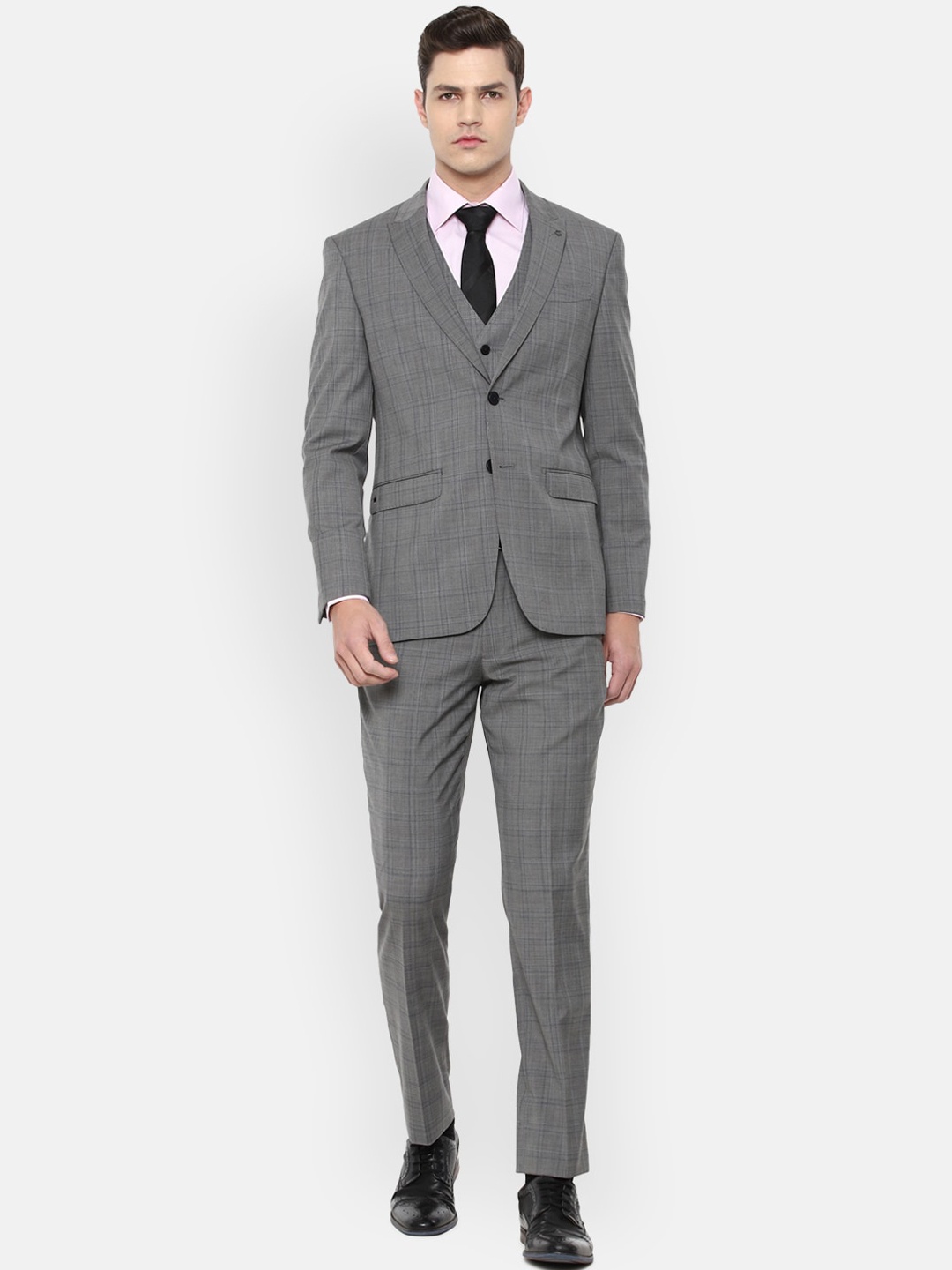 

Louis Philippe Permapress Men Grey Checked Slim Fit Three Piece Suit